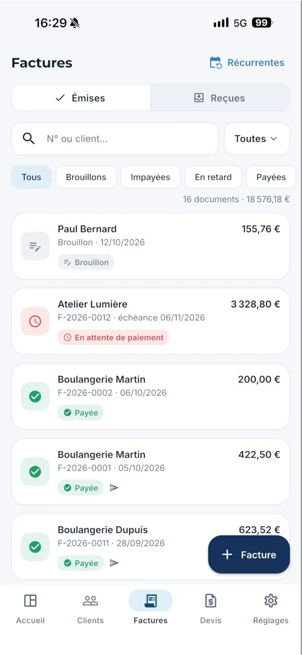 Liste des factures dans iBill