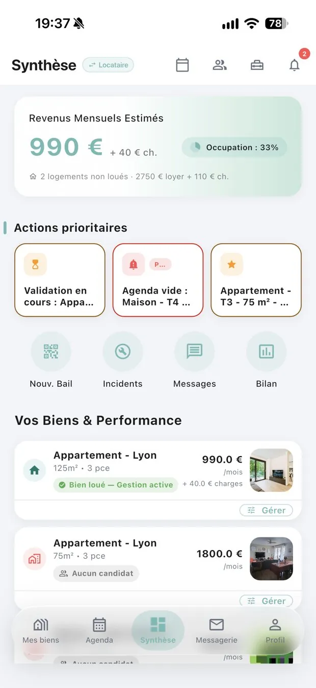 Écran de synthèse de Chamalin Immo : revenus mensuels, actions prioritaires et biens